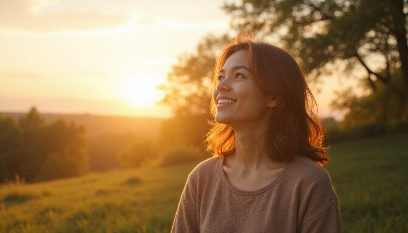 Man with eyes closed smiling under bright sunset sky