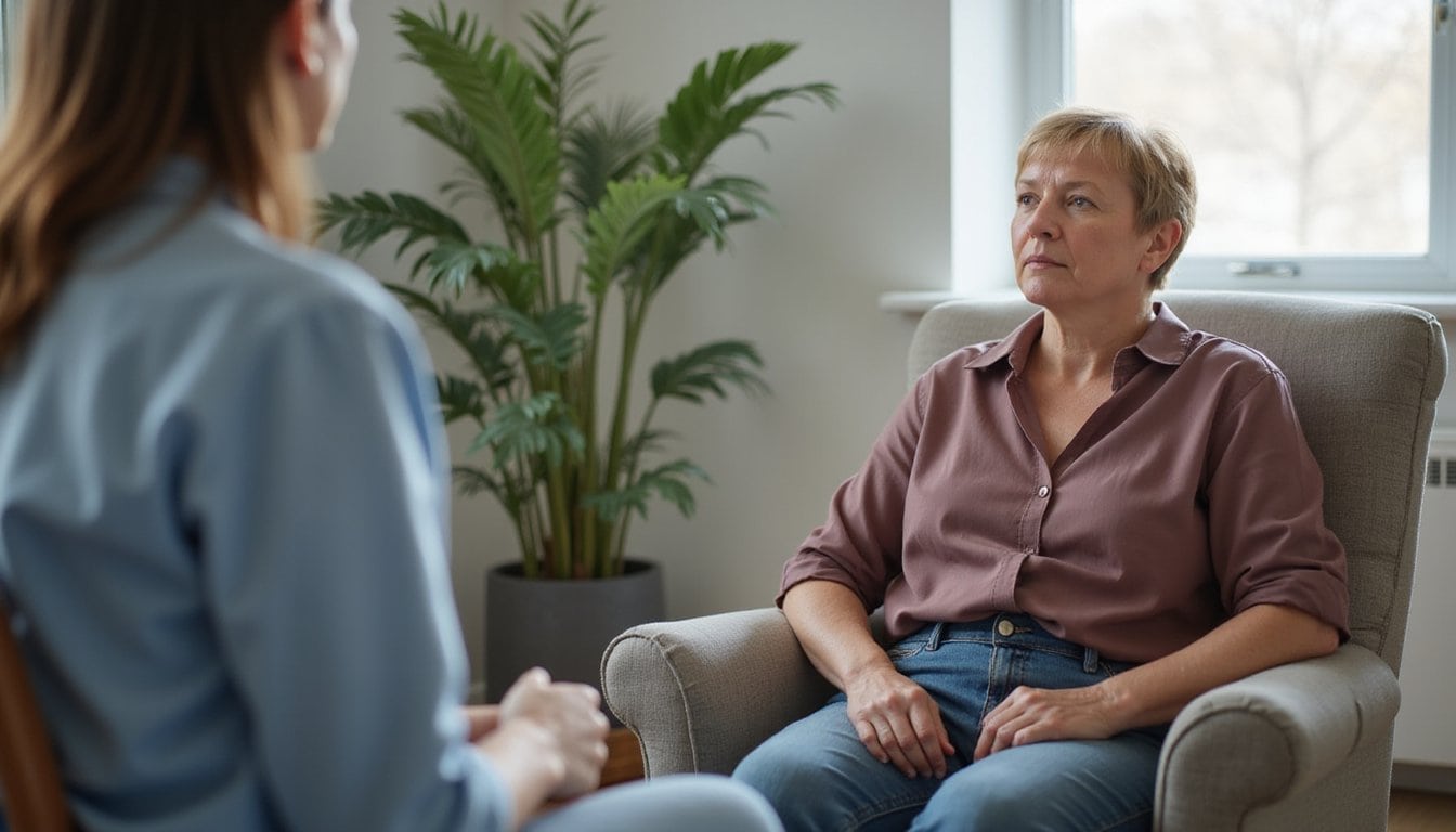 Person receiving emotional support during a therapy session in a softly lit, comfortable counseling space.