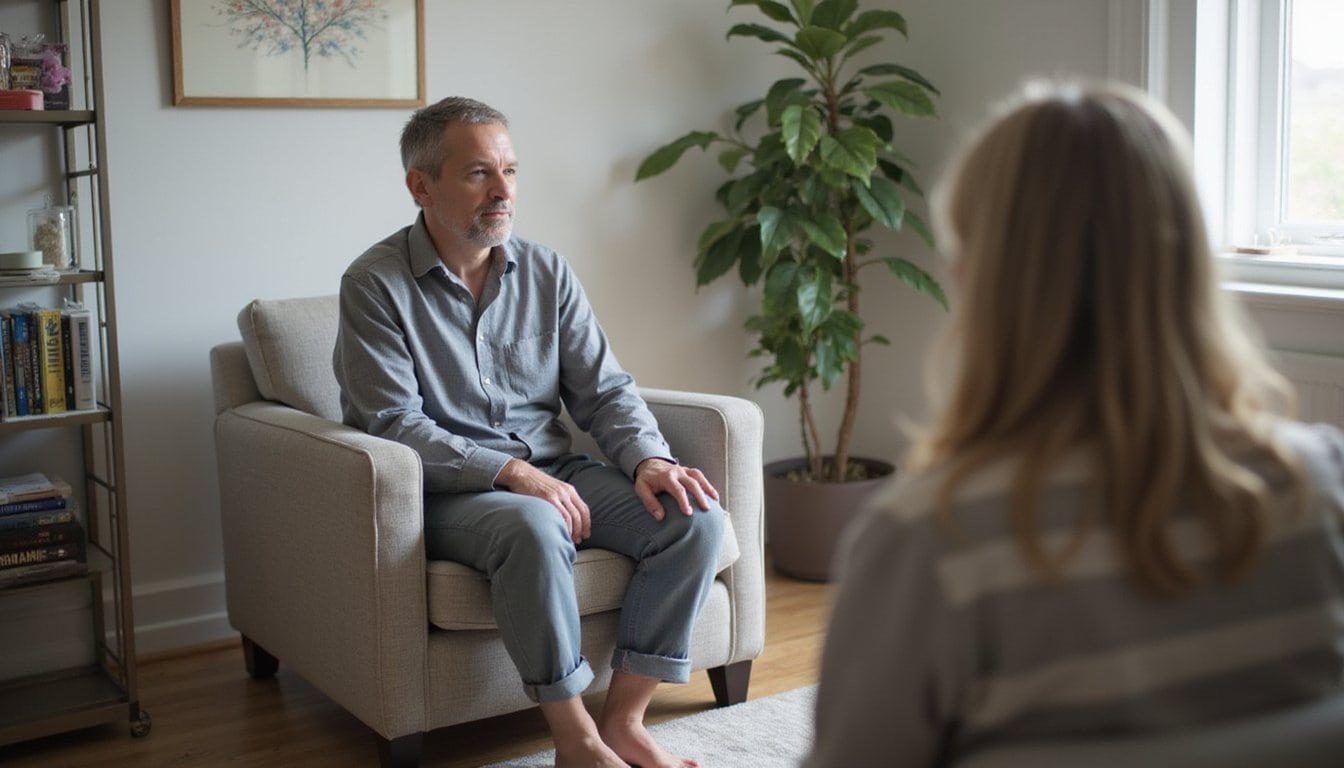 Mental health counseling session with two people seated across from each other in a comfortable, residential-style space.