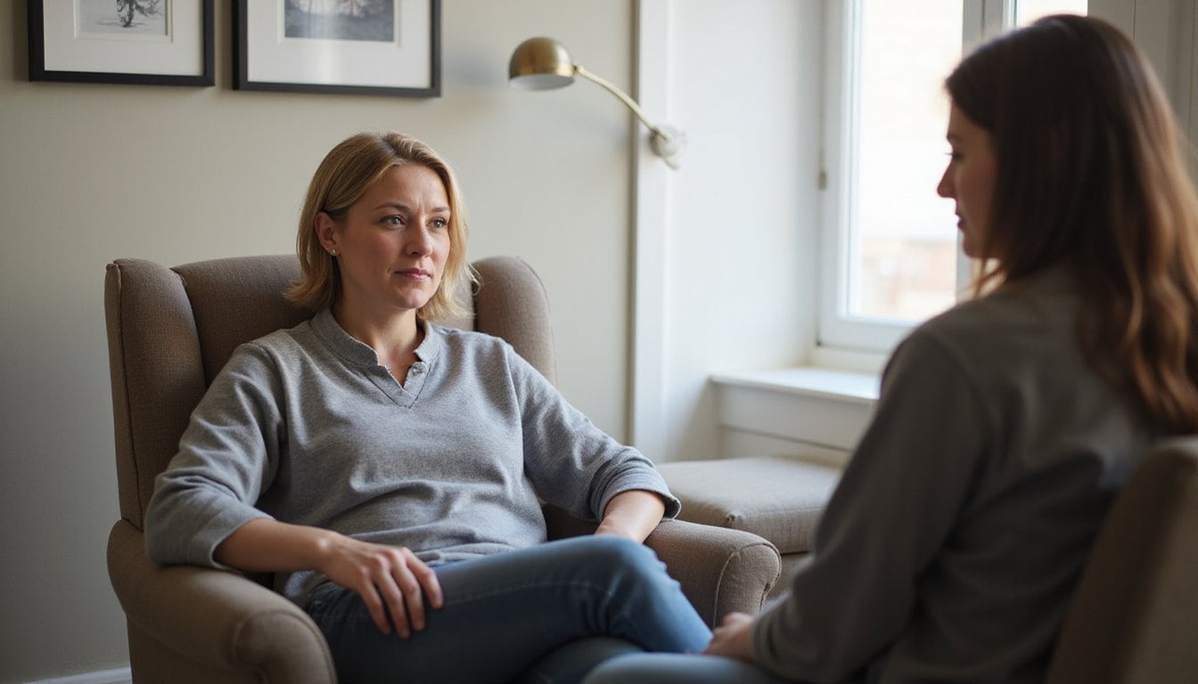 Client engaged in conversation with a therapist while sitting in an armchair, creating a supportive and peaceful environment.