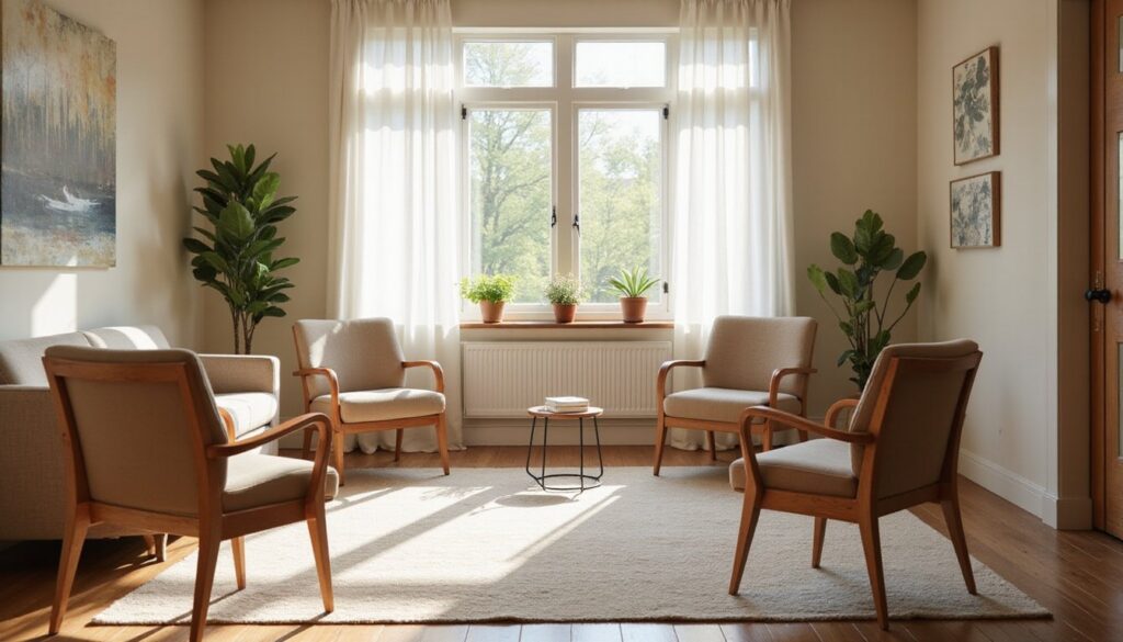 Bright therapy room with four chairs arranged in a circle near a sunlit window