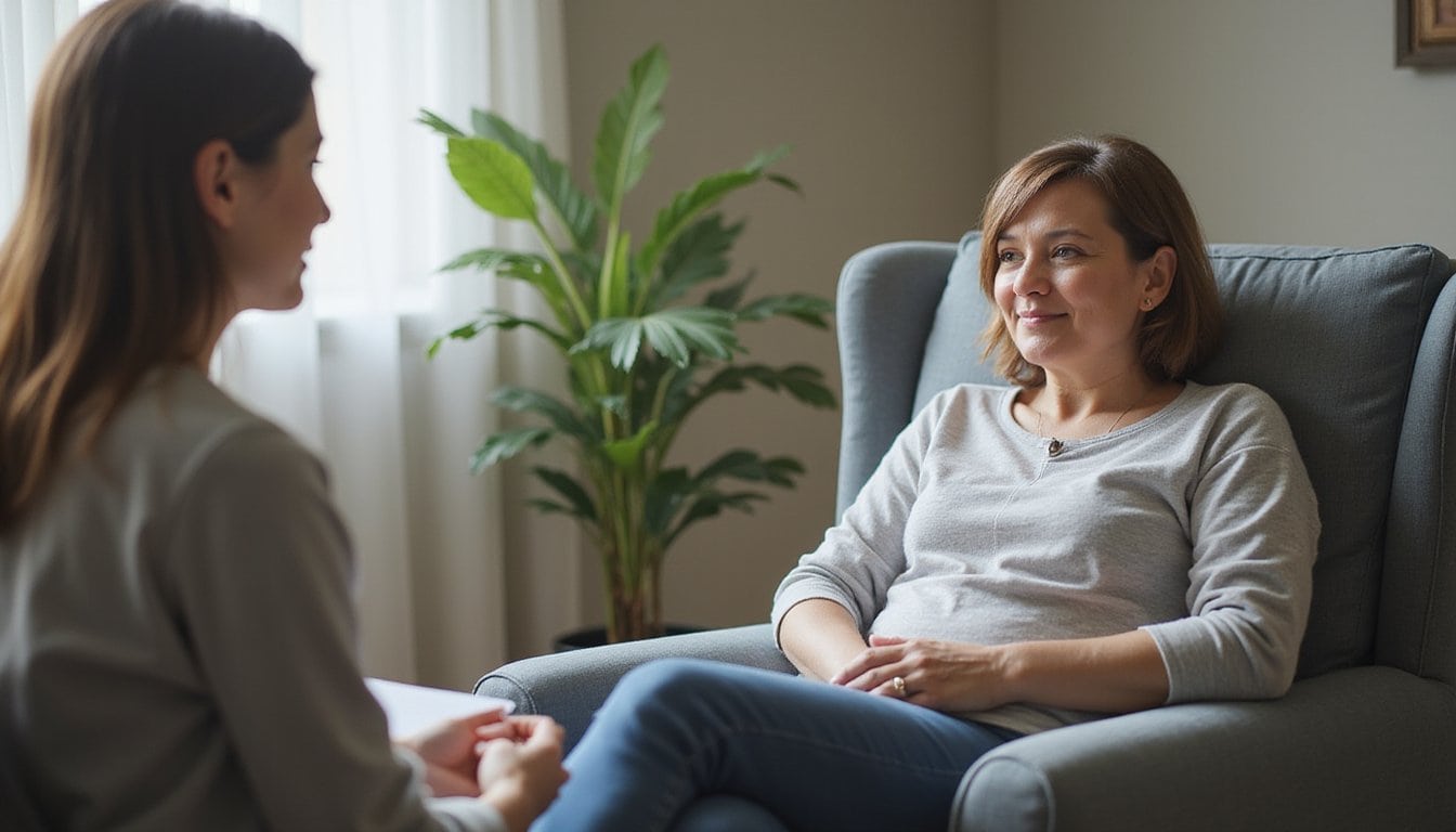 One-on-one therapy session taking place in a calm, private room designed to feel warm and non-clinical.