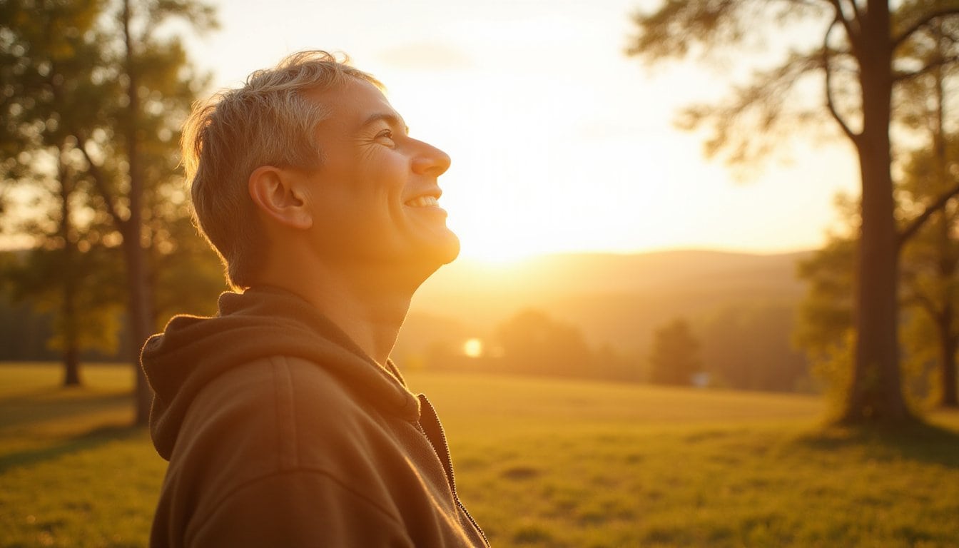 Relaxed man standing in tranquil countryside landscape
