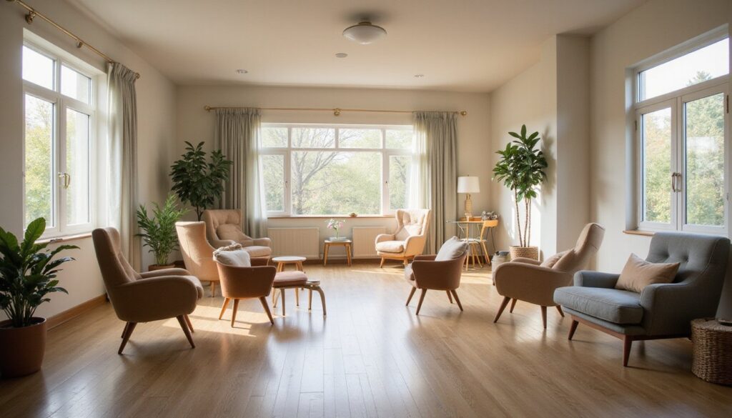 Minimalist meeting room with wooden chairs and indoor plants