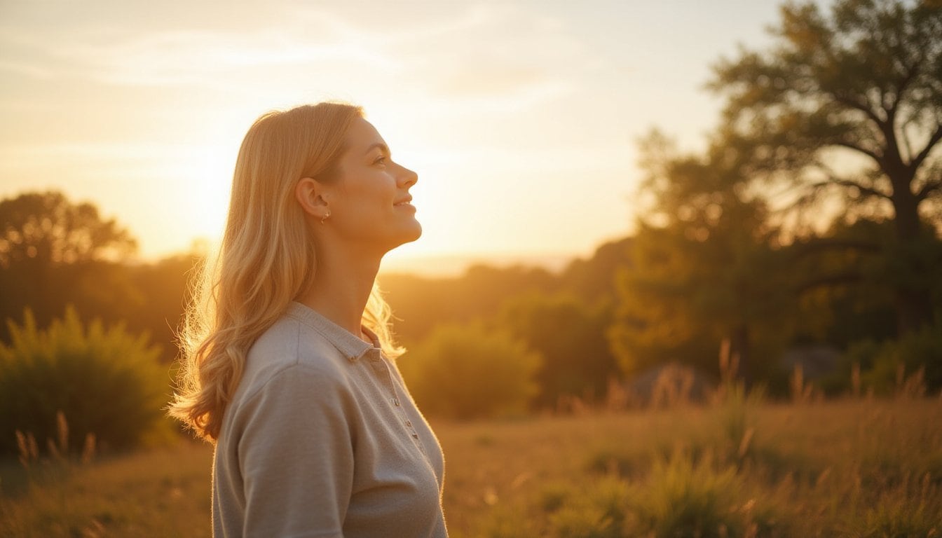 Young man looking up at the sun in a green open field