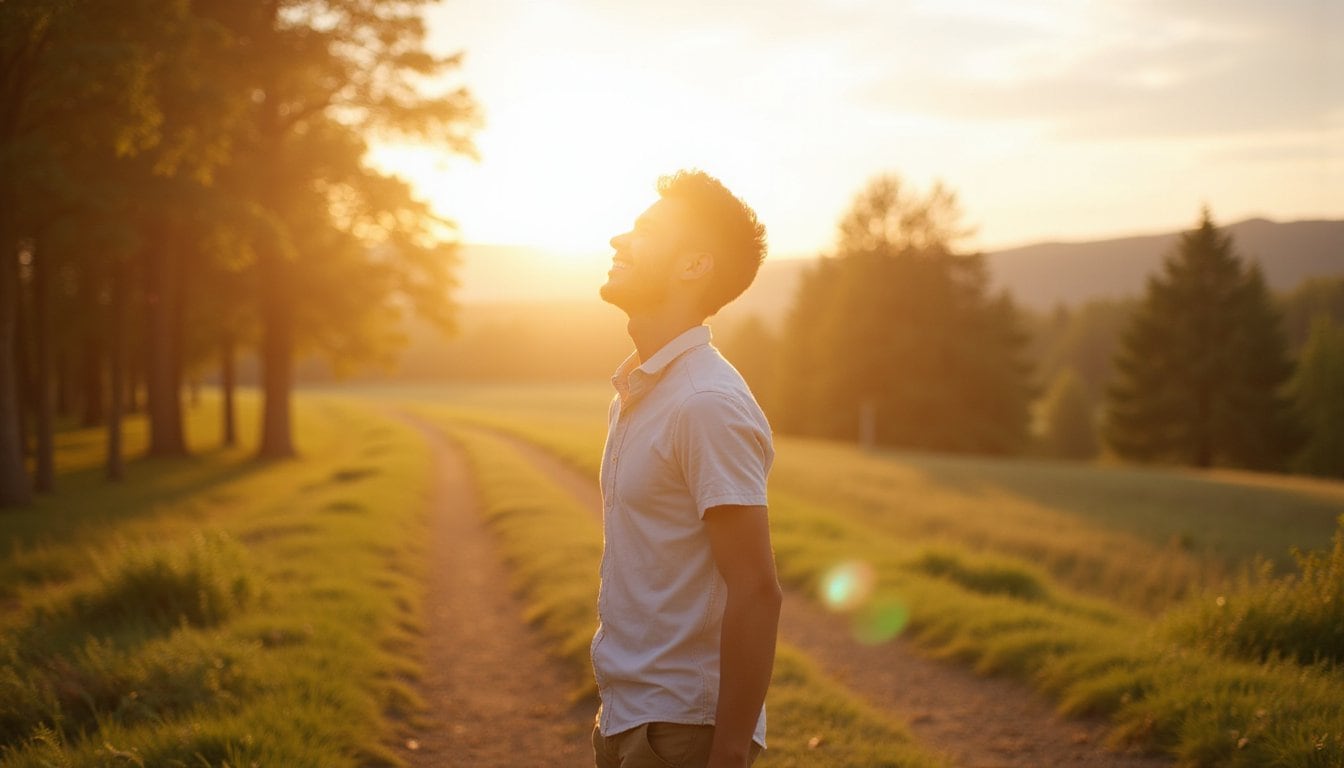 Sun flare over smiling man in park setting