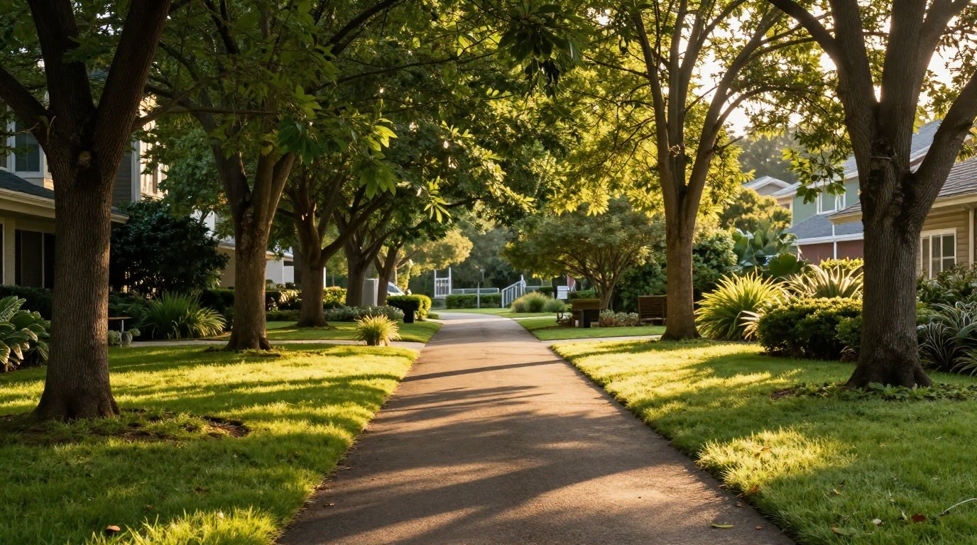 Golden hour light illuminating a peaceful recovery center garden walkway.