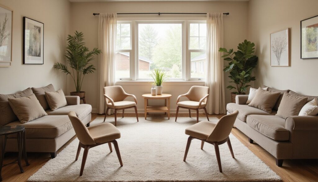 Small group meeting space with neutral tones and cozy seating