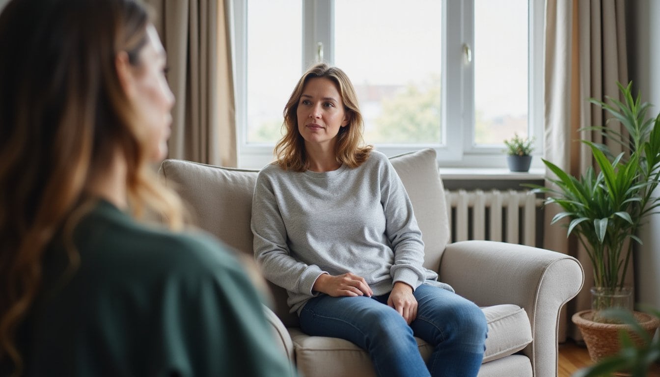 Woman speaking with a therapist in a quiet, welcoming therapy room with soft natural light and a relaxed atmosphere.