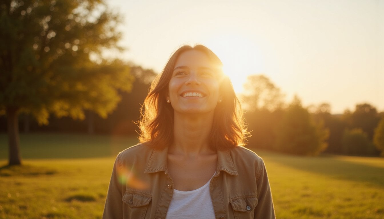 Happy man bathed in sunlight surrounded by trees