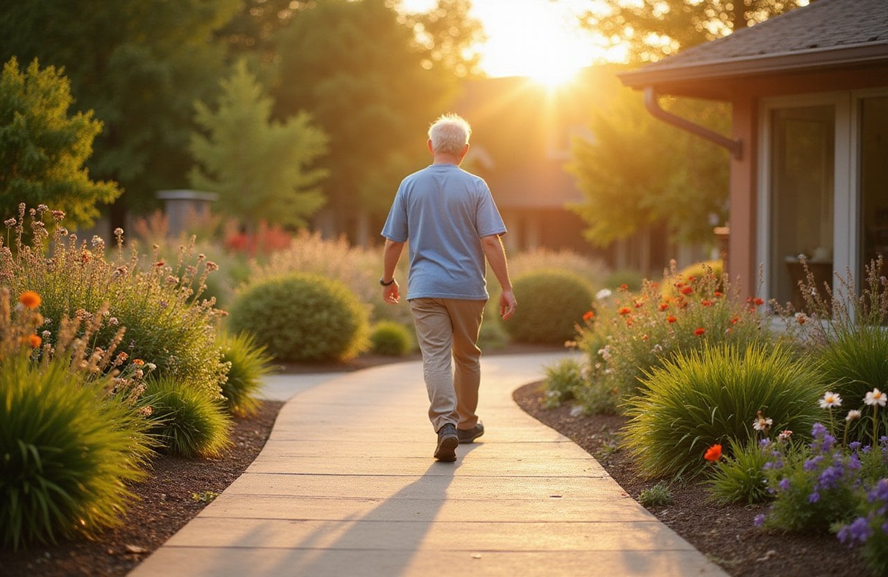 A person walking on a pathway with greenery both sides