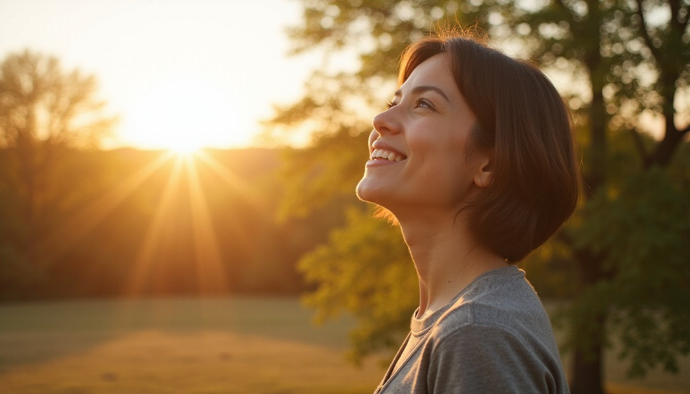 Close-up of happy man embracing sunshine in a grassy field