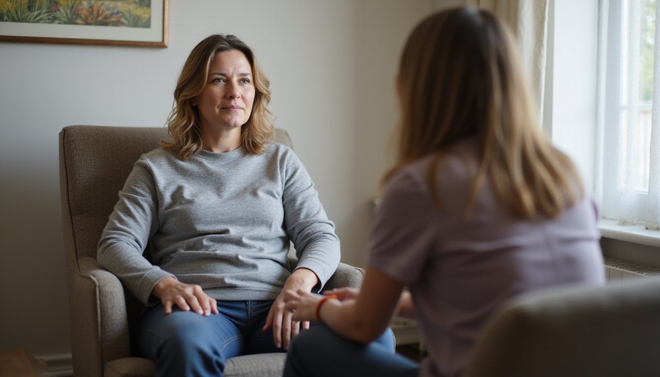 Therapist and client seated in a comfortable chair during a one-on-one counseling session in a calm, home-like setting.