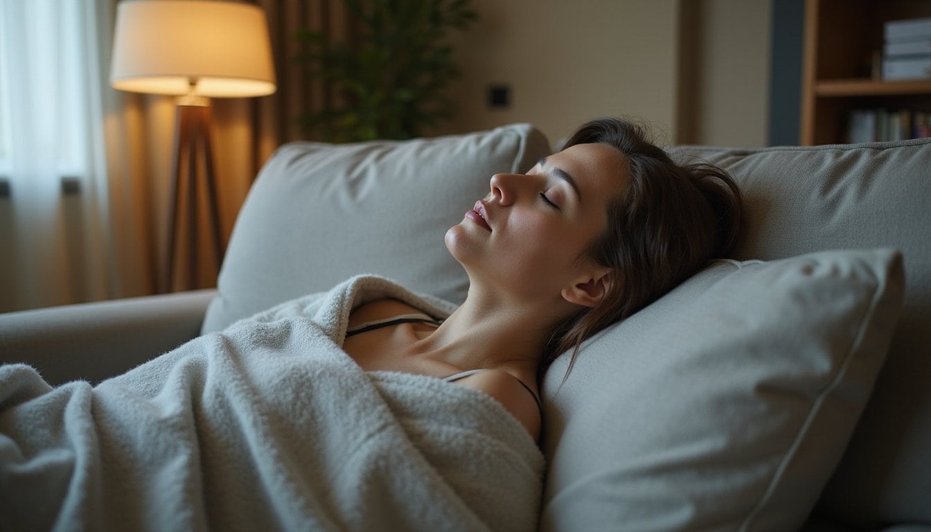 Individual recovering from meth withdrawal while resting on a comfortable couch.