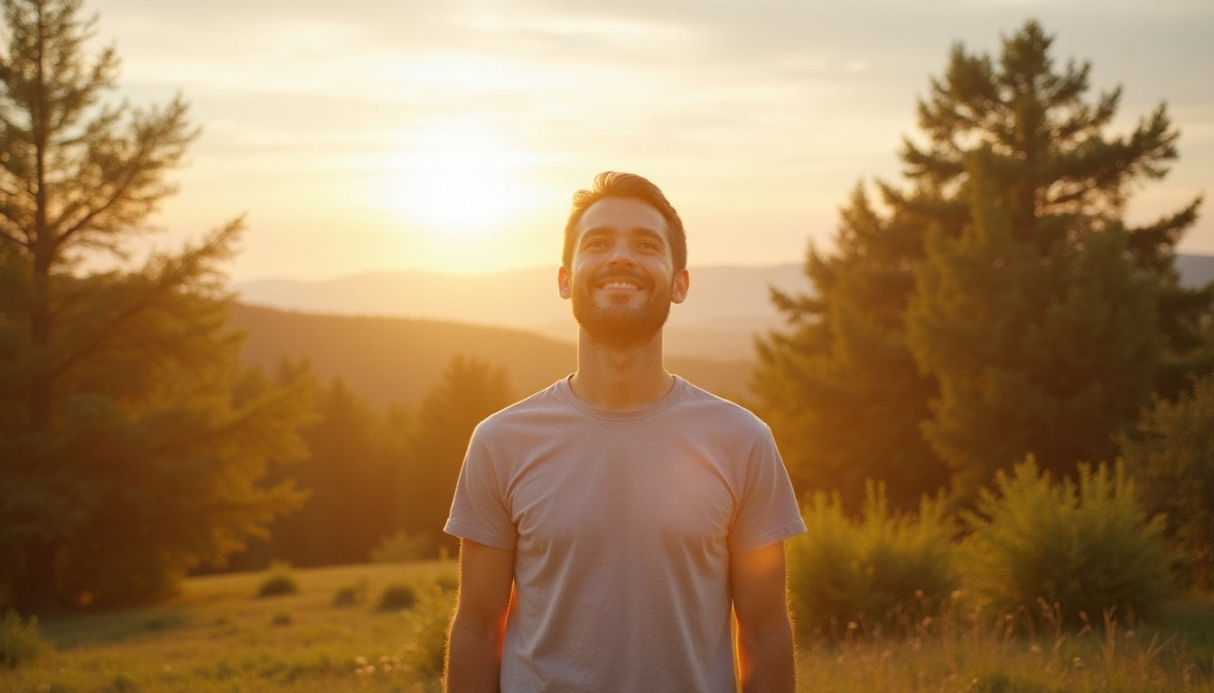 Relaxed man smiling outdoors in a sunlit park