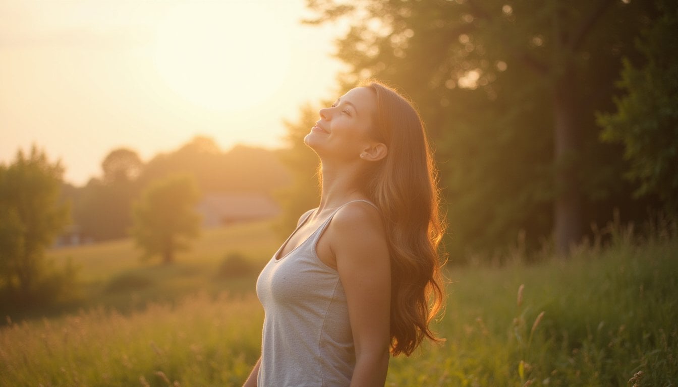 Man standing in meadow with sunlight shining behind him