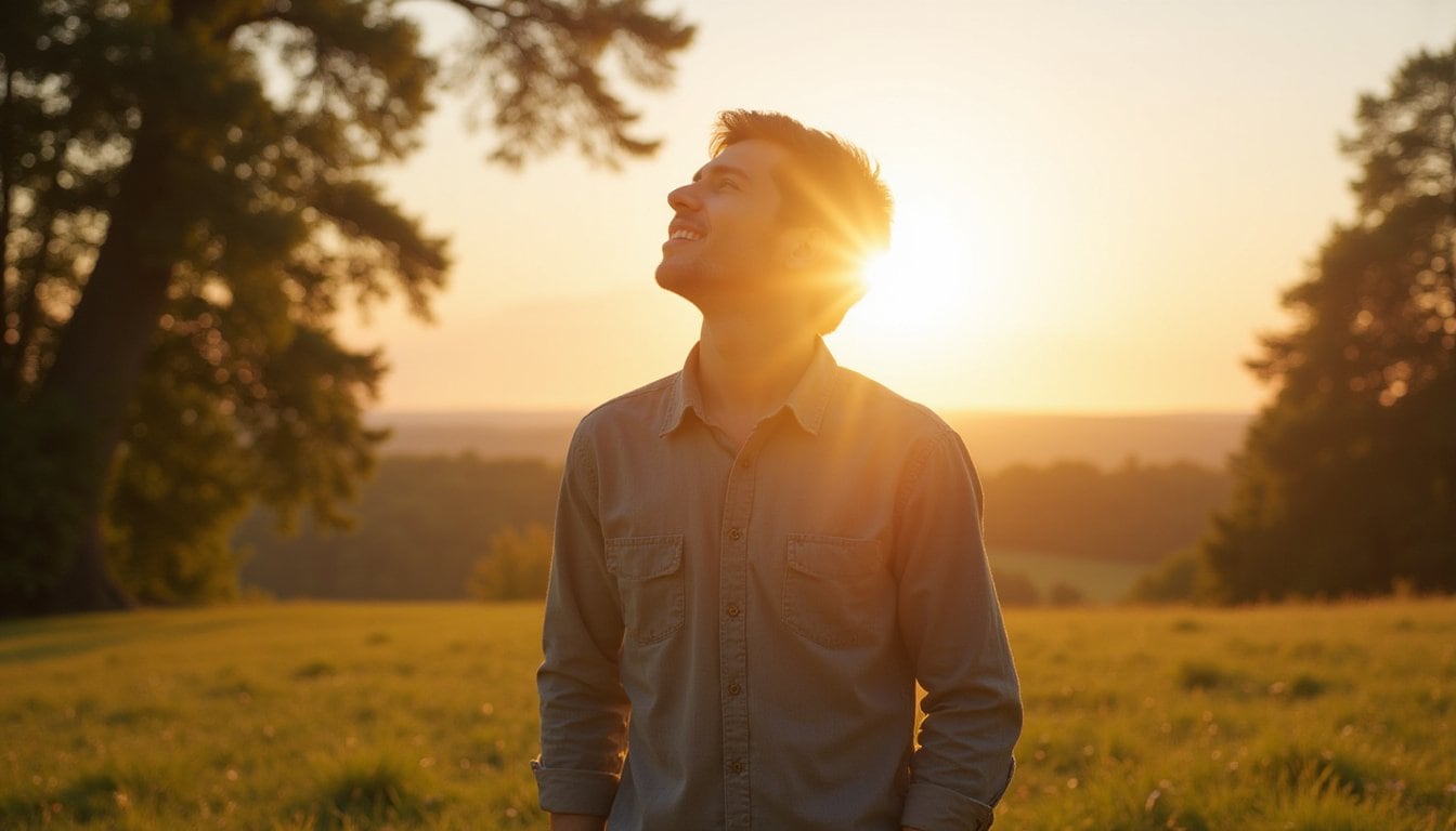Man finding calm in a scenic grassy park