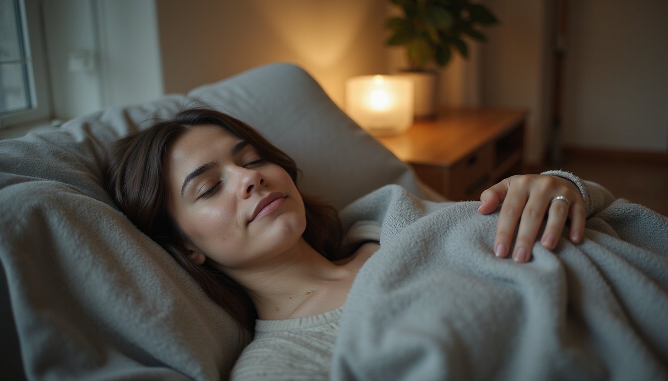 Adult resting on a couch in a residential meth detox living room wrapped in a soft blanket