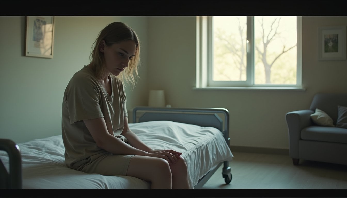 Person dealing with mental health challenges in inpatient treatment bedroom