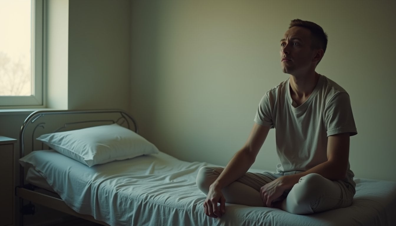 Person experiencing anxiety while seated in bedroom during inpatient treatment