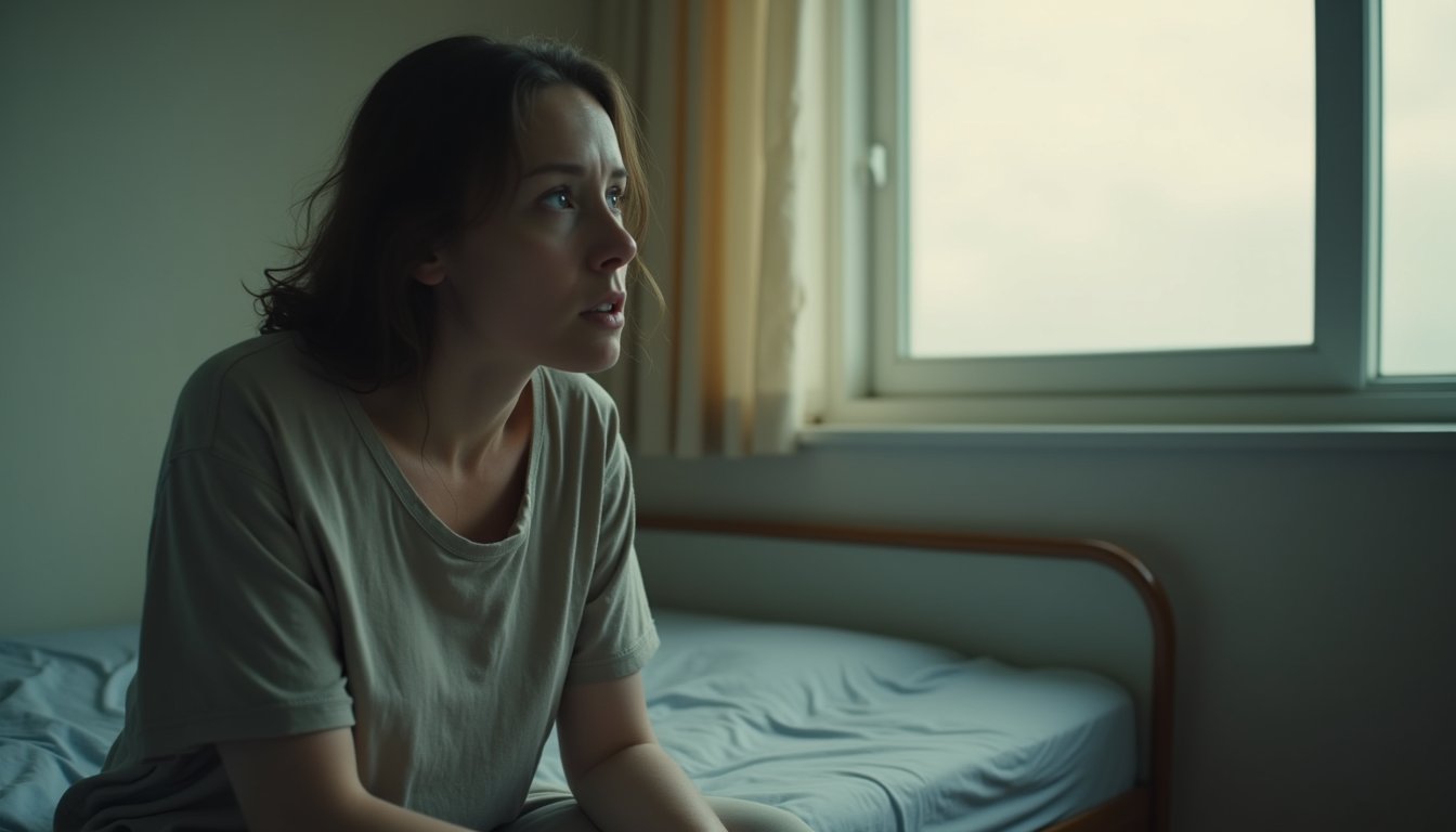 Person reflecting quietly on bed in inpatient treatment recovery environment