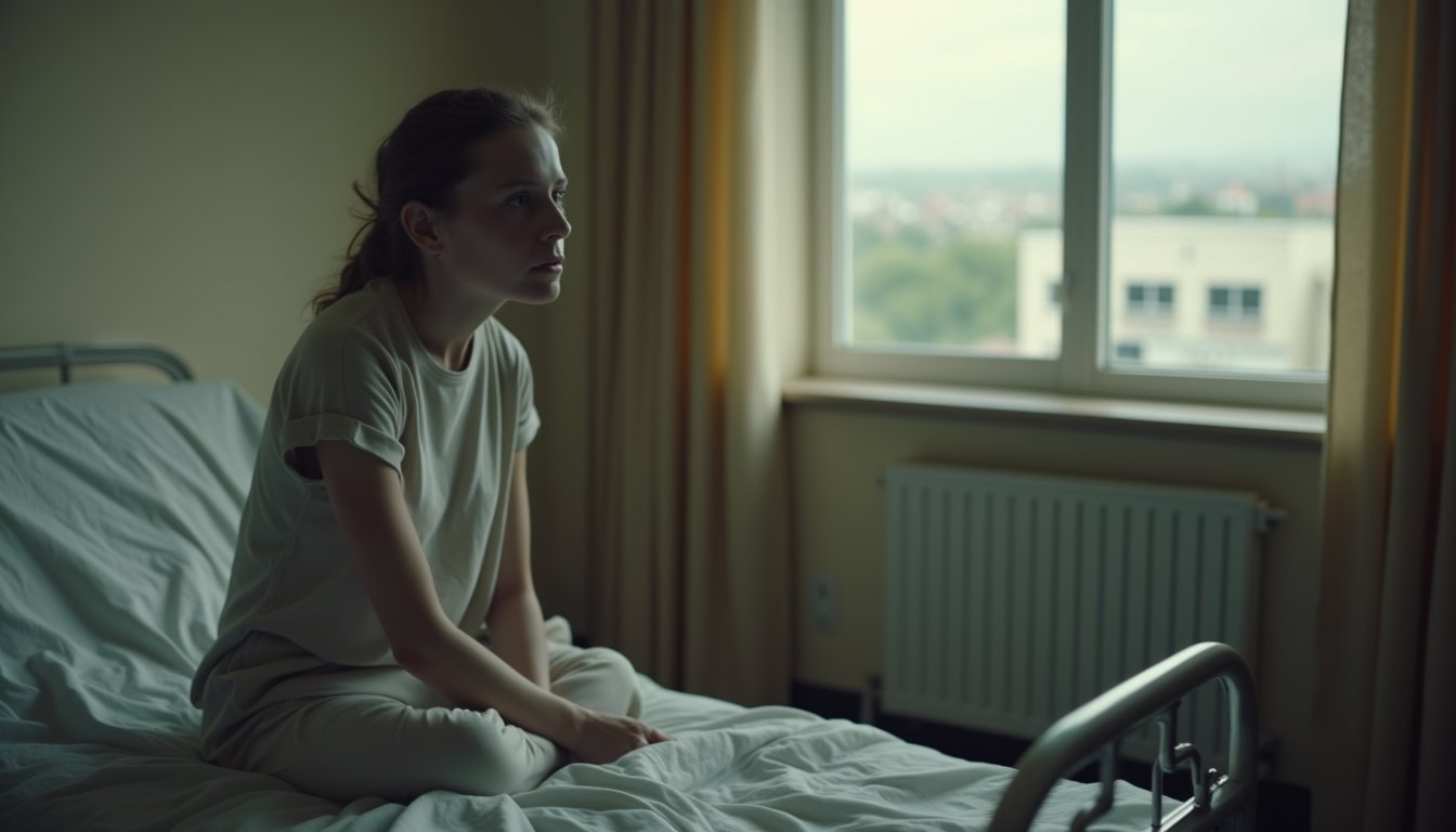 Person resting on bed during inpatient treatment for emotional recovery
