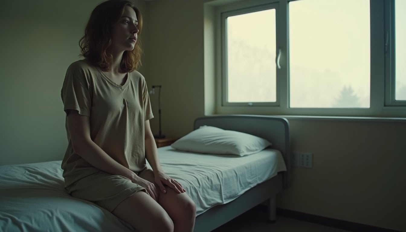 Person appearing overwhelmed in calm inpatient treatment room