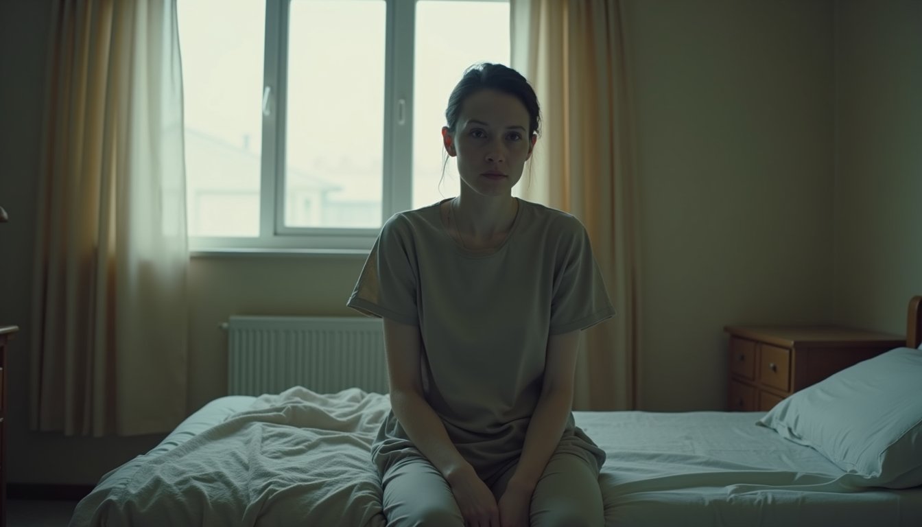 Person sitting on bed in peaceful inpatient treatment facility room