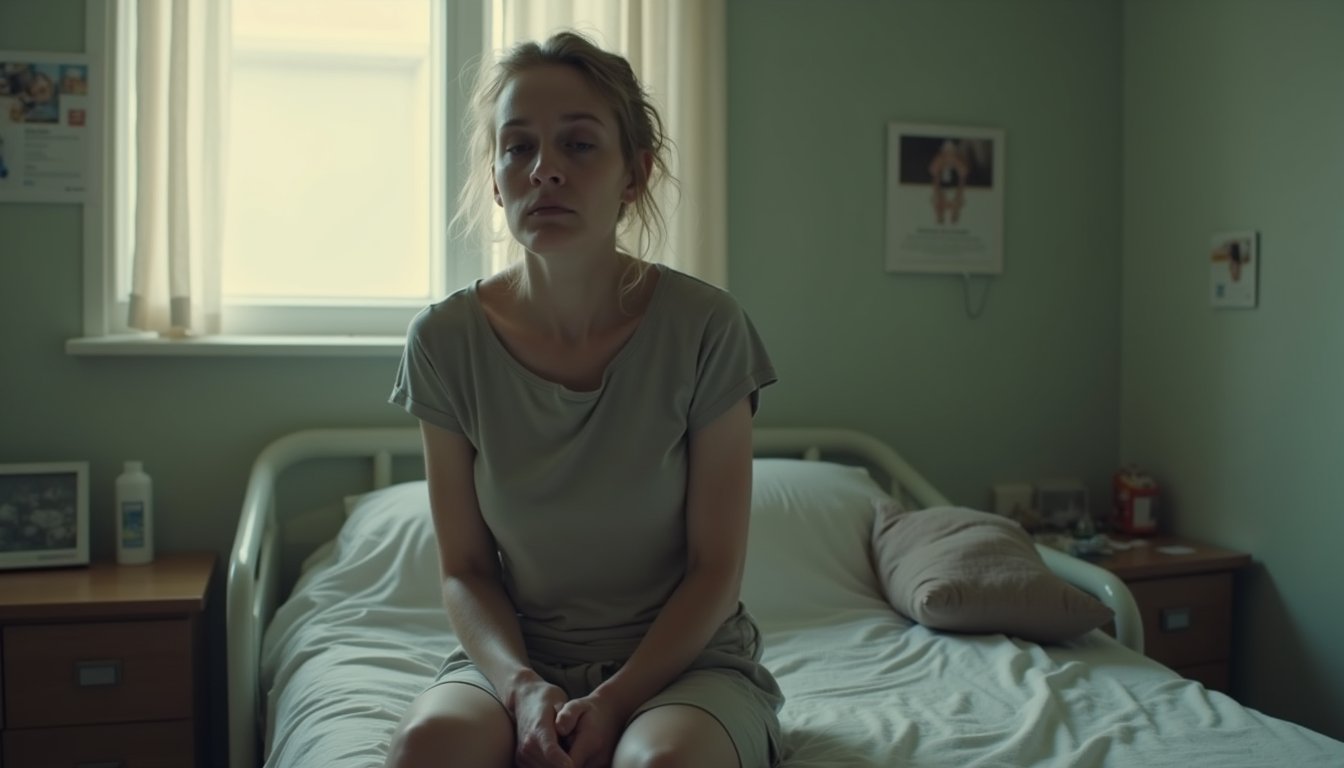 Person struggling with emotions in inpatient treatment bedroom setting