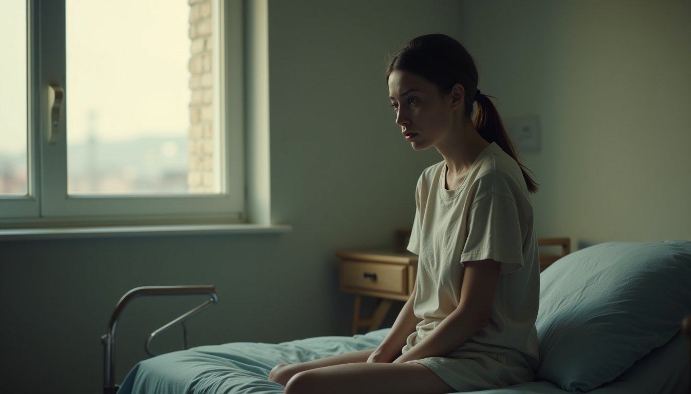 Person sitting on bed looking distressed in inpatient treatment setting
